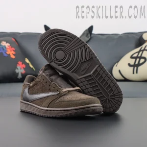 Travis Scott x Air Jordan 1 Low OG SP Velvet Brown — outsole and upper details displayed together.