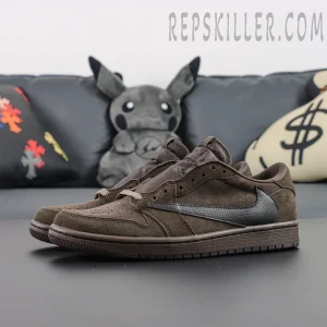 Travis Scott x Air Jordan 1 Low OG SP Velvet Brown — side-by-side view of both shoes on studio background.