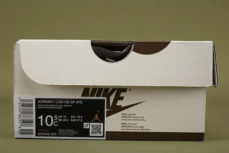 the box of Travis Scott x Jordan 1 Low OG SP PS 'Medium Olive'