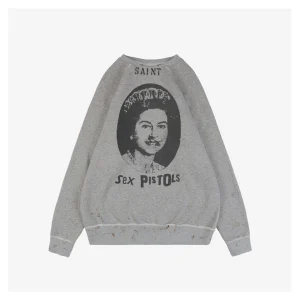 Saint Michael Queen Elizabeth Distressed Print Crewneck Sweatshirt