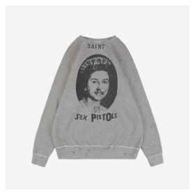 Saint Michael Queen Elizabeth Distressed Print Crewneck Sweatshirt