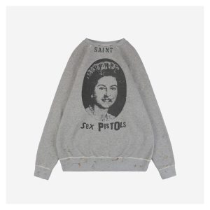 Saint Michael 24FW Queen Elizabeth Distressed Print Crewneck Sweatshirt