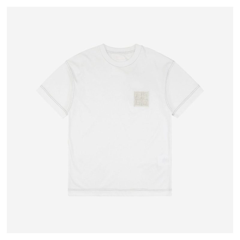 Givenchy Contrast Stitch Leather Embroidery Short-Sleeve Shirt White