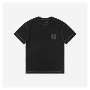 Givenchy Contrast Stitch Leather Embroidery Short-Sleeve Shirt Black