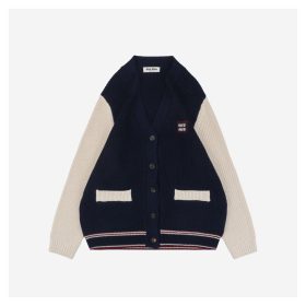 Miu Miu Small Logo Blue and White Color-Blocked Cardigan Sweater