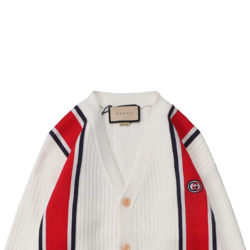 Gucci Red and Blue Web Jacquard Knit Cardigan Jacket - Image 5