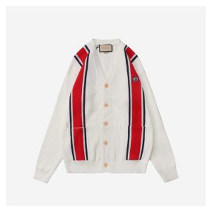 Gucci Red and Blue Web Jacquard Knit Cardigan Jacket