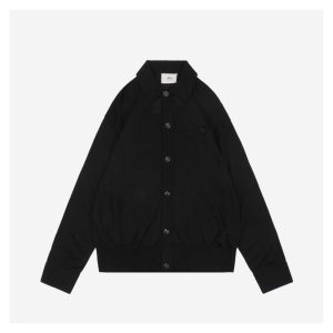 Ami Embossed Heart Embroidery Basic Polo Sweater Black