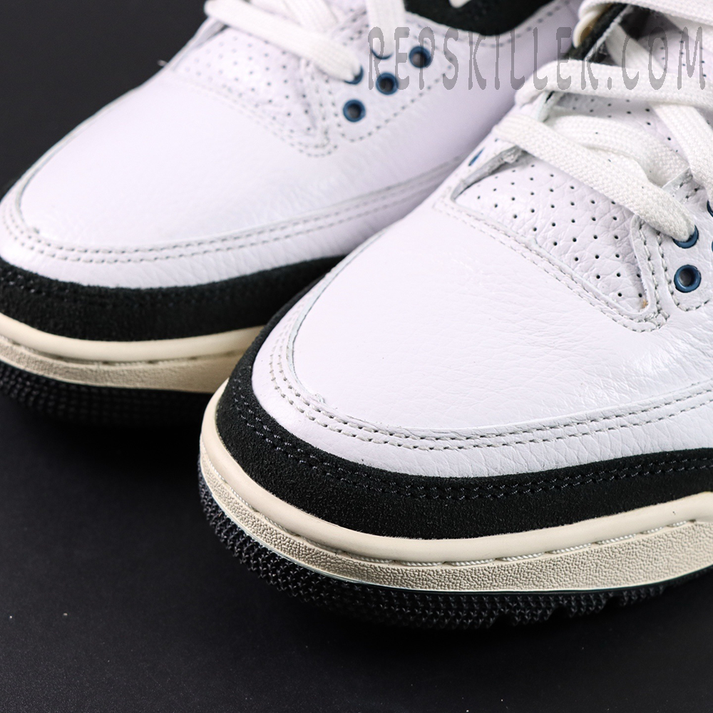 Close-up of A Ma Maniére x Air Jordan 3 “For The Love” toe box featuring tumbled white leather and black suede mudguard.