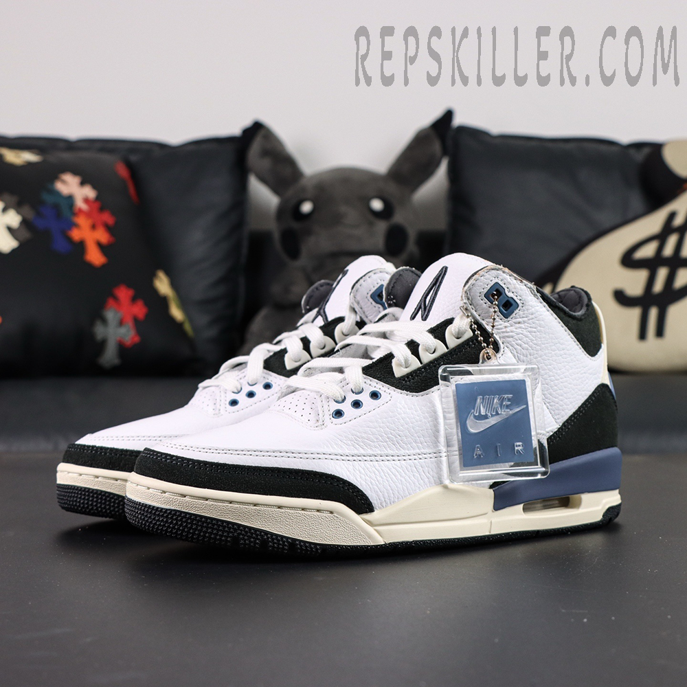 A Ma Maniére x Air Jordan 3 “For The Love” with hangtag and white box background showing premium white leather and black suede overlays.