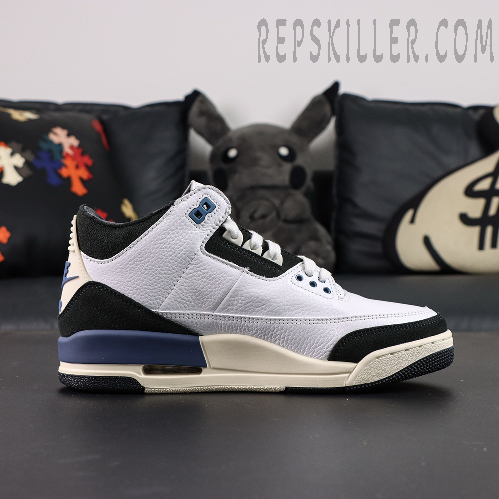 Side view of A Ma Maniére x Air Jordan 3 “For The Love” showing cream midsole, navy accents, and visible Air cushioning.