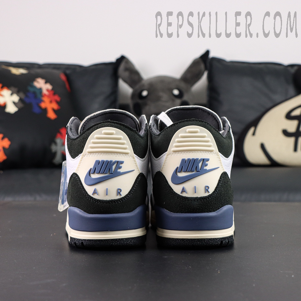 Rear view of A Ma Maniére x Air Jordan 3 “For The Love” showing Nike Air heel tabs in blue and cream tones.