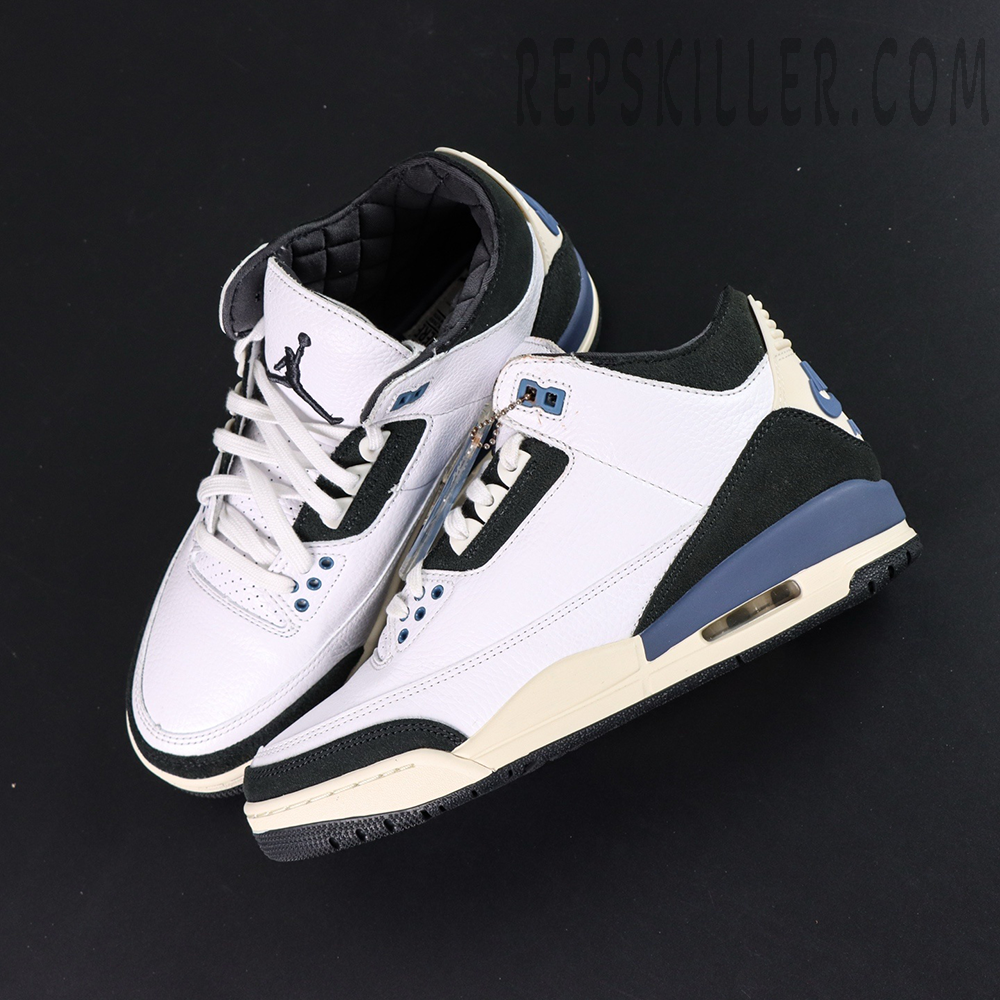 Overhead pair of A Ma Maniére x Air Jordan 3 “For The Love” highlighting textured materials and elegant contrast tones.