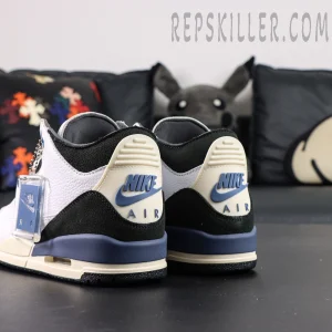 Rear angled view of A Ma Maniére x Air Jordan 3 “For The Love” showing Nike Air heel branding and suede panel details.
