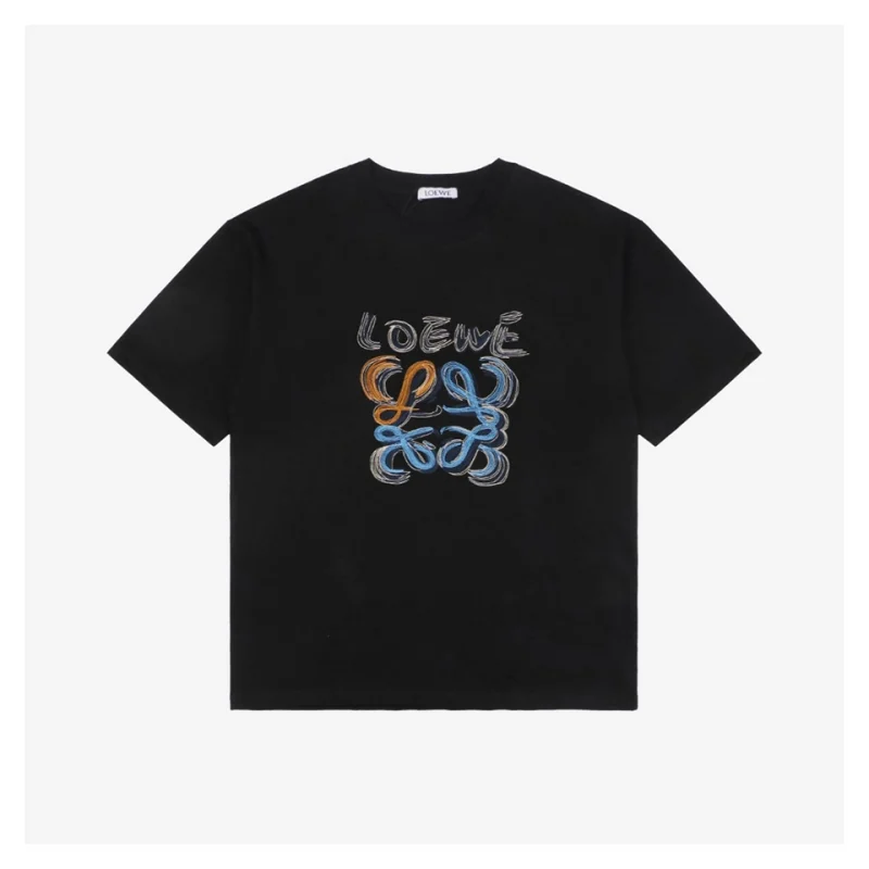 Hand-Drawn Graffiti Flower Logo Print Short-Sleeve T-Shirt Black