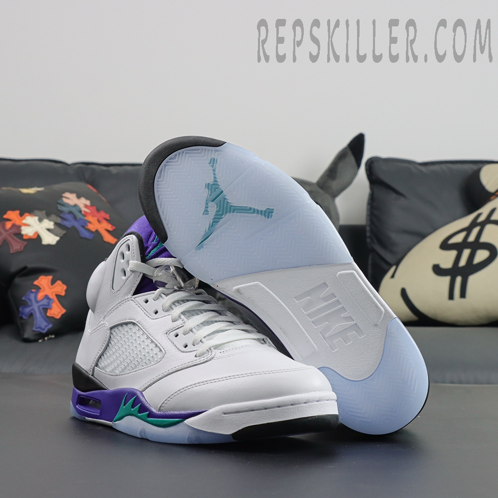 Air Jordan 5 Retro ‘Grape’ 2025 translucent icy outsole with teal Jumpman logo