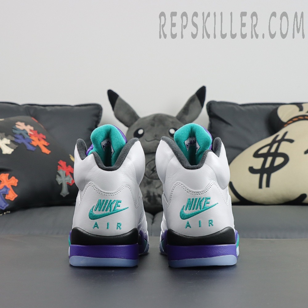 Air Jordan 5 Retro ‘Grape’ 2025 heel view with teal Nike Air embroidery