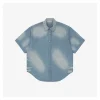 Acne Studios “1996” Slogan Linen-Denim Short-Sleeve Shirt