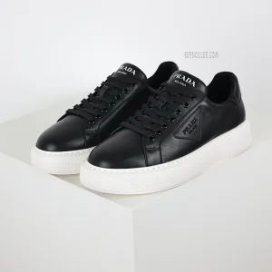 Prada Black Leather Low Top Sneakers with White Sole