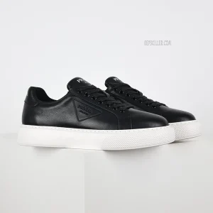 Prada Black Leather Low Top Sneakers with White Sole