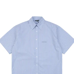Balenciaga Pocket Paris Logo Embroidered Blue Striped T-Shirt