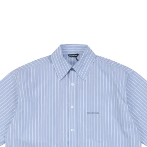 Balenciaga Pocket Paris Logo Embroidered Blue Striped T-Shirt