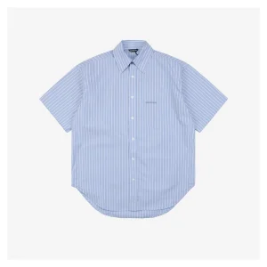 Balenciaga Pocket Paris Logo Embroidered Blue Striped T-Shirt
