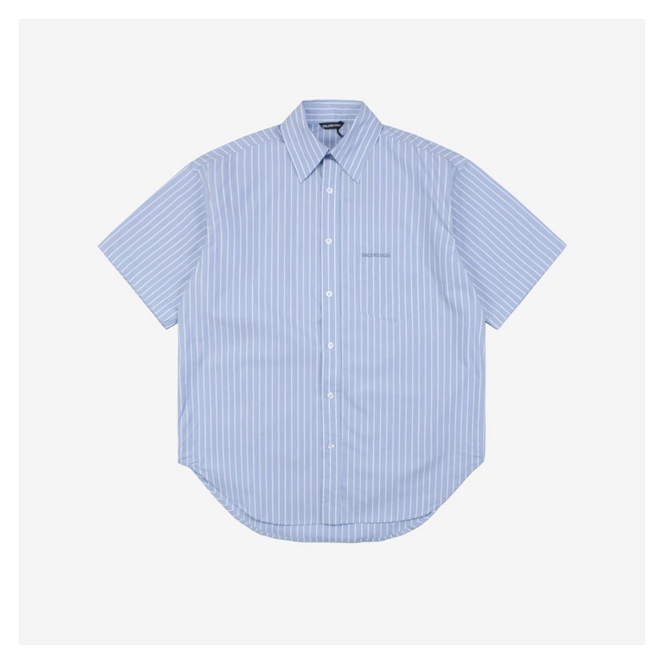 Balenciaga Pocket Paris Logo Embroidered Blue Striped T-Shirt
