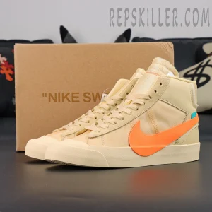 Nike Off-White x Blazer Mid ‘All Hallows Eve’ full side view with box in background.