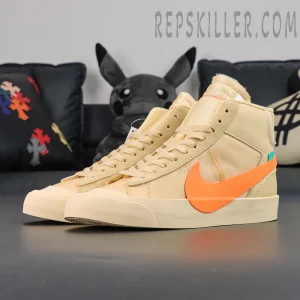Nike Off-White x Blazer Mid ‘All Hallows Eve’ clean lateral side showing orange oversized Swoosh.
