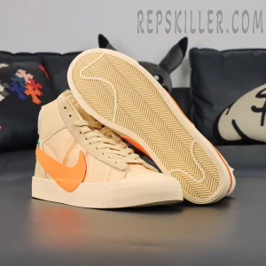 Nike Off-White x Blazer Mid ‘All Hallows Eve’ outsole and side profile showcasing herringbone traction pattern and orange Swoosh.