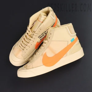 Nike Off-White x Blazer Mid ‘All Hallows Eve’ top-down angled pair showcasing medial side Off-White branding text.