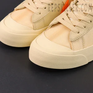 Nike Off-White x Blazer Mid ‘All Hallows Eve’ toe box close-up showing textured rubber overlay and stitching detail.