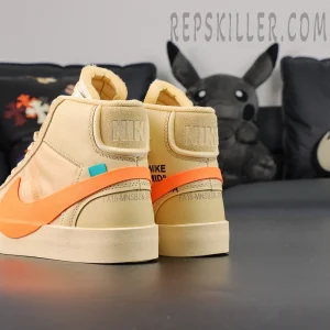 Nike Off-White x Blazer Mid ‘All Hallows Eve’ rear angle highlighting heel design and Swoosh wrap-around effect.