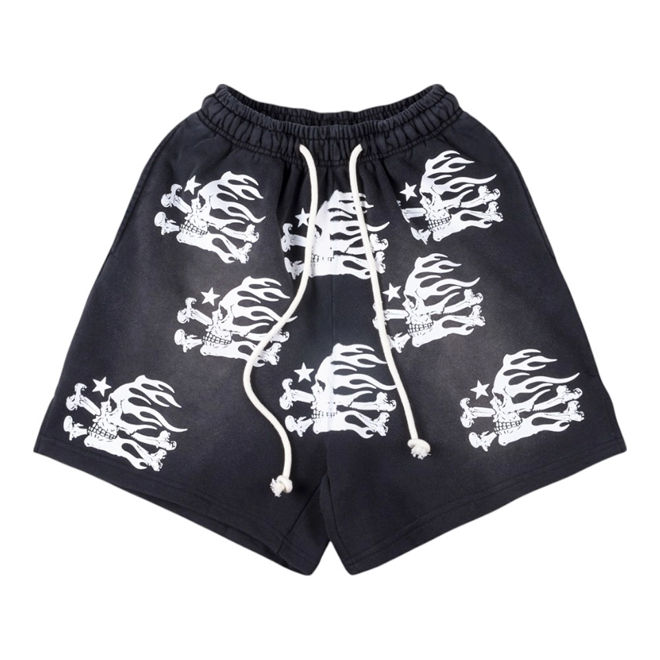 Hellstar Skull Heavy Washed Skull Print Casual Shorts