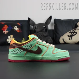 Nike Dunk Low SB ‘Rodeo’ side view highlighting mint green suede upper and chocolate brown Swoosh