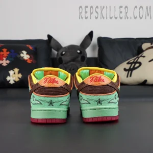 Rear view of Nike Dunk Low SB ‘Rodeo’ with red embroidered Nike logo and heel tab details
