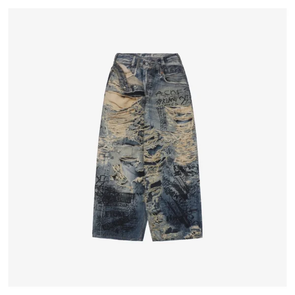 Acne Studios Distressed Graffiti-Print Wide-Leg Denim Pants
