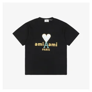 Ami Cracked Heart Logo Print T-shirt Black
