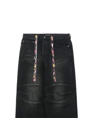 Balenciaga Floral Drawstring Wide-Leg Jeans Black