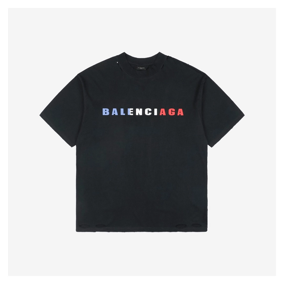 Balenciaga Medium Tricolor Logo Distressed T-shirt