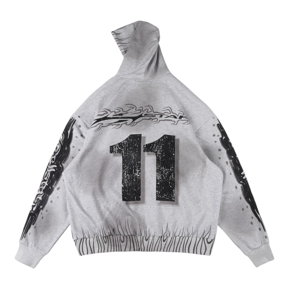 Hellstar Studios Grey Flame Number 11 Zip Up Hoodie