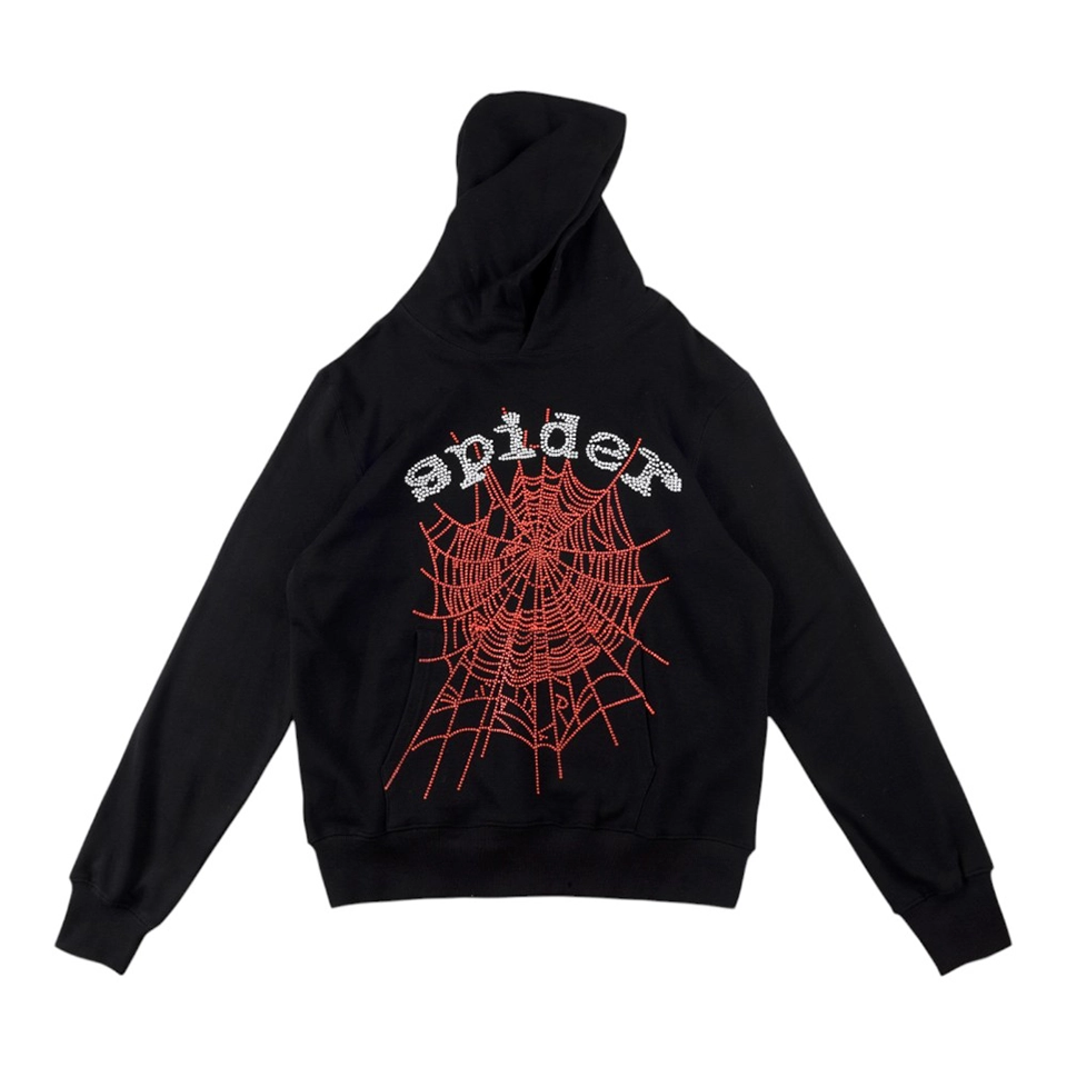 Sp5der 555555 Rhinestone Web Black Hoodie
