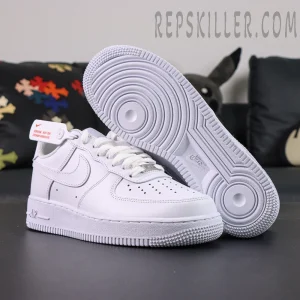 Nike Air Force 1 ’07 “Triple White” outsole and side view showing classic circular tread pattern.