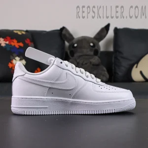 Side profile of Nike Air Force 1 ’07 “Triple White” showing the iconic Swoosh and midsole Air branding.