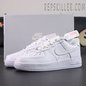Pair of Nike Air Force 1 ’07 “Triple White” with grey box background showing minimalist design.