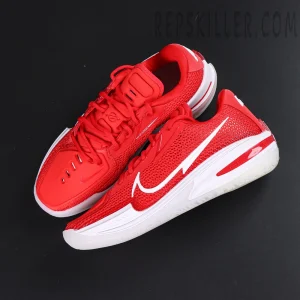 Air Zoom GT Cut TB ‘University Red’ – flat lay composition of the pair against a black background.