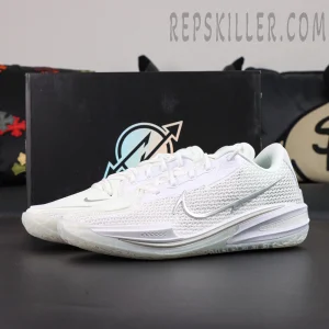 Air Zoom GT Cut ‘White Chrome’ product shot with branded box background for display setting.