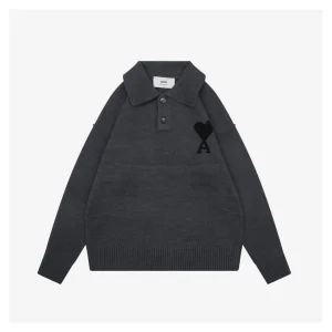 Ami Heart Logo Polo Knit Sweater Black