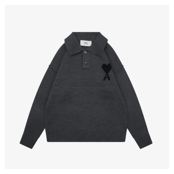 Ami Heart Logo Polo Knit Sweater Black